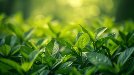 Fresh Greenery: Sunny Outdoor Background with Bokeh and Textured Leaves, Sunny Day Abstract Blurred Green Leaves for a Clean and Fresh Environment