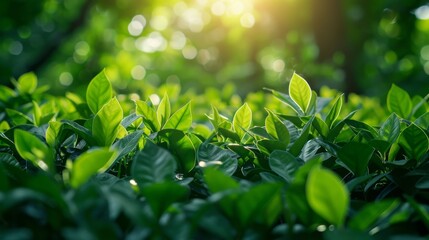 Fresh Greenery: Sunny Outdoor Background with Bokeh and Textured Leaves, Sunny Day Abstract Blurred Green Leaves for a Clean and Fresh Environment