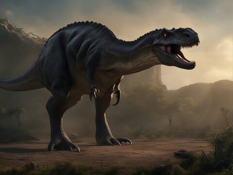tyrannosaurus rex dinosaur was a monstrous creature that dominated the land in the dark times,  