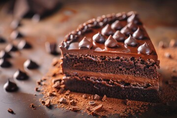 Chocolate Cake, Brown Cocoa Dessert, Chocolate Cake Slice Closeup, Copy Space
