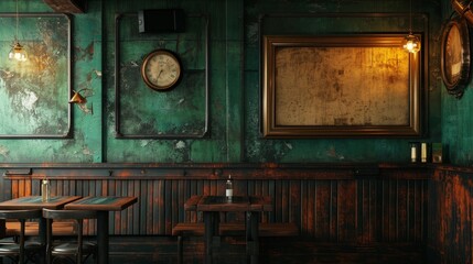 A blank picture frame hanging on the old textured wooden wall in a cosy old english or irish pub