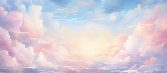 Fotobehang Reflectie The painting depicts a vibrant sunset over a peaceful body of water, with hues of orange, pink, and purple reflecting on the calm waves. The sky is filled with soft clouds in pastel colors, creating a