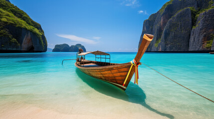 Thai traditional wooden longtail boat and beautiful sand Beach. - obrazy, fototapety, plakaty
