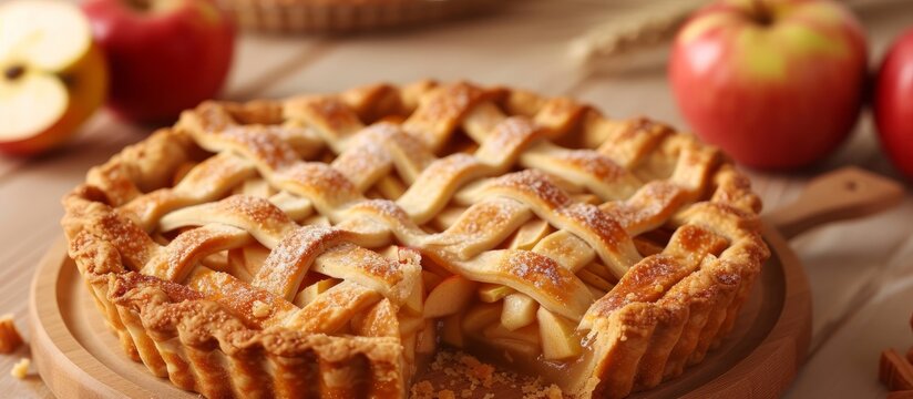 Delicious Homemade Apple Pie With Fresh Apples And A Knife On A Rustic Wooden Table