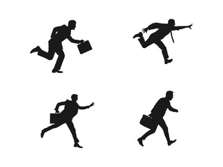 Silhouettes of happy jump and running Businessman. Vector illustration of Running Silhouettes. Businessman with suitcase walking silhouette vector illustration isolated on white background.