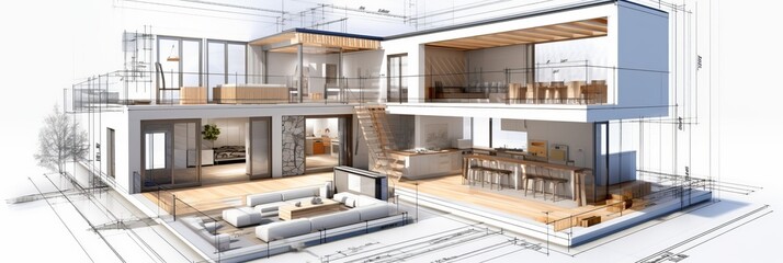 vision of architecture of a 3d model house project with blueprint