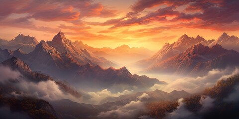 Nature's canvas painted with a fiery sunrise over a rugged mountain range, blanketed in a mystical fog and framed by the ever-changing sky