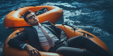 Business safety net concept with businessman sleeping peaceful on raft at sea - obrazy, fototapety, plakaty