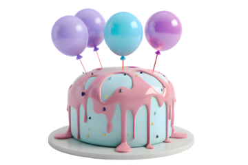 Birthday cake with balloons and ribbons 3d render isolated on transparent background
