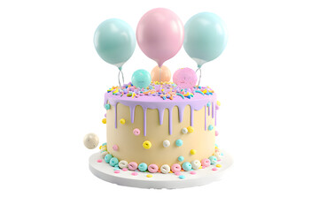 Birthday cake with balloons and ribbons 3d render isolated on transparent background - obrazy, fototapety, plakaty