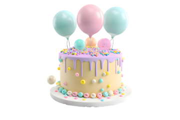 Birthday cake with balloons and ribbons 3d render isolated on transparent background