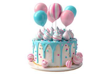 Birthday cake with balloons and ribbons 3d render isolated on transparent background