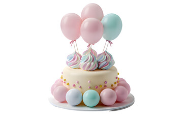 Birthday cake with balloons and ribbons 3d render isolated on transparent background