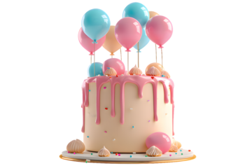 Birthday cake with balloons and ribbons 3d render isolated on transparent background