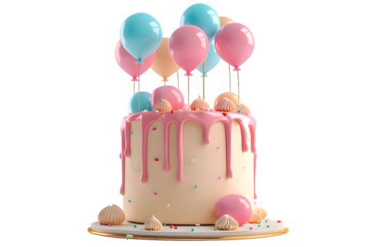 Birthday cake with balloons and ribbons 3d render isolated on transparent background