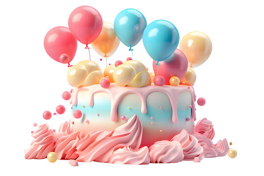 Birthday cake with balloons and ribbons 3d render isolated on transparent background
