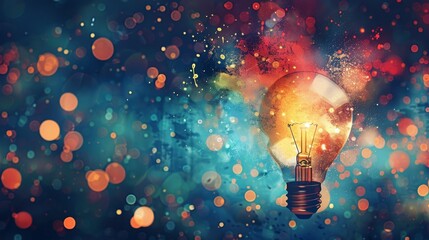 Light Bulb Concept with Colorful Digital Mixed Media Background