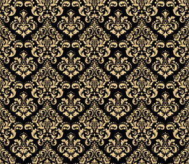 Wallpaper in the style of Baroque. Seamless vector background. Gold and black floral ornament. Graphic pattern for fabric, wallpaper, packaging. Ornate Damask flower ornament
