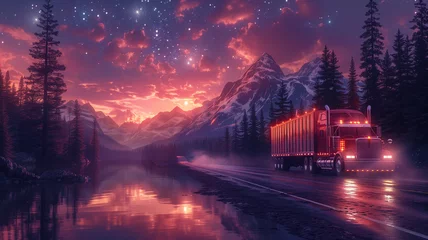 Fotobehang semi truck on a quiet night, moving along a mountain road lined with pine trees © CtrlN