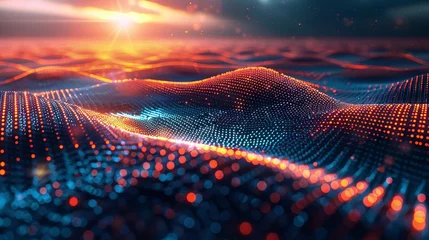 Gordijnen Futuristic Sunrise Digital Space with Multidimensional Waves © ThamDesign