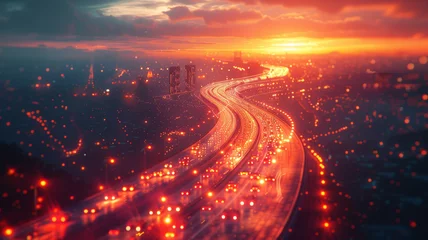 Fotobehang capital market dynamics as a rising sunrise over a city skyline © CtrlN