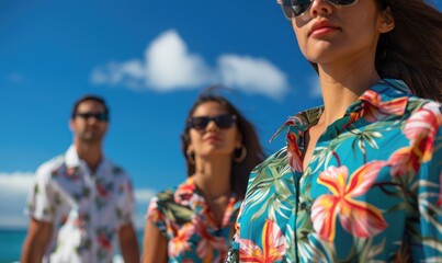 Couple in matching tropical shirts on a beach