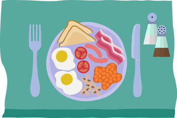 A full English fried breakfast plate meal table place setting with knife and fork cutlery - obrazy, fototapety, plakaty