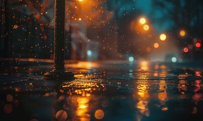 Rain at night city with golden reflections.