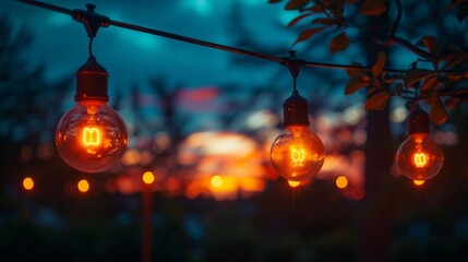 Edison Bulb Lighting Over a Fence with Vibrant Sunset Colors - obrazy, fototapety, plakaty
