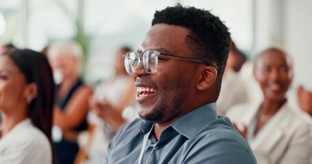 Clapping hands, convention and business people in office for team meeting or company training. Trade show, diversity and professional staff audience with applause at corporate seminar in workplace.