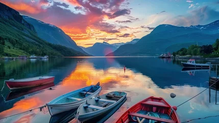 Wall murals Reflection Scenic view of the pier with boats on the background of the mountains. Sunset sky reflected in calm water. Norway. Artistic picture. Beauty world.