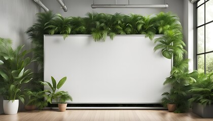 blank whiteboard in an industrial space filled with potted plants and greenery