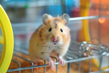 A curious hamster exploring its spacious, well-equipped cage, complete with tunnels and a wheel --style raw