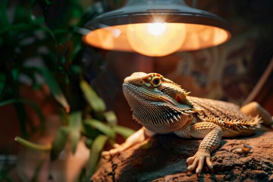 A bearded dragon basking under a heat lamp in a terrarium that mimics its natural habitat --style raw