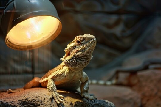 A bearded dragon basking under a heat lamp in a terrarium that mimics its natural habitat --style raw