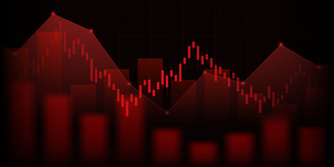 downtrend line graph with bar chart in bear stock market on dark red color background