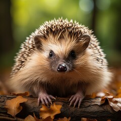 Fototapeta premium cute portrait of a hedgehog standing on a fallen tree with a tropical forest background.auto focus portrait