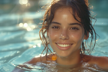 Happy smiling girl swimming in the pool in a swimming costume