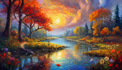 Abstract oil painting of river and forest. Orange sun in sky. Beautiful natural landscape.