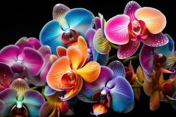 Realistic close up shot of a rainbow orchid. Photo exotic orchid flowers on blurry pink background,...