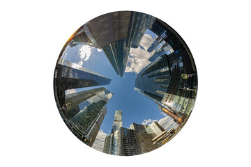Fisheye cityscape with tall, glass skyscrapers isolated on white background; Moscow City shot with fisheye lens; circle panorama of a European financial district with skyscrapers, clouds and blue sky.