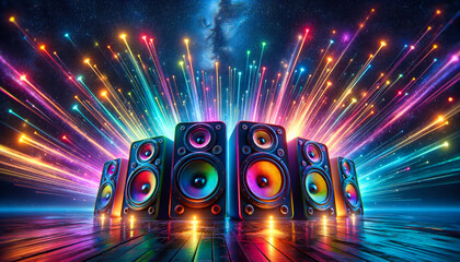 Speakers blast colorful beams, echoing vibrant sound energy.