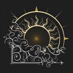 Sun and clouds Ancient Heliocentric astrological emblem isolated Vector illustration