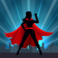 Superhero Woman Silhouette Against Night City Skyline Vector Illustration