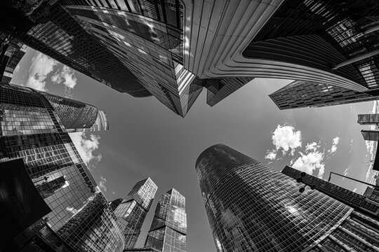 Black and white fisheye shot looking up at tall, glass skyscrapers; concept image of modern city life in black and white; view of high office buildings in financial district Moscow City, Russia.