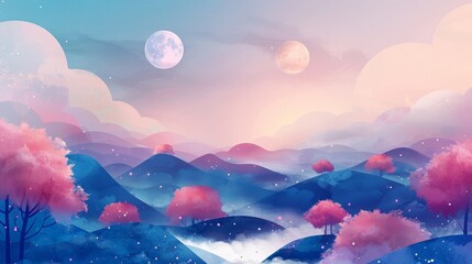 Vibrant Moonscape Illustration with Blue and Pink Trees