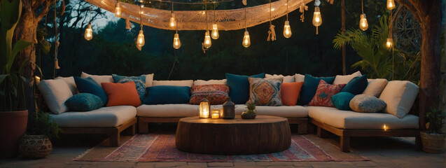 Boho-chic outdoor lounge with floor cushions and string lights