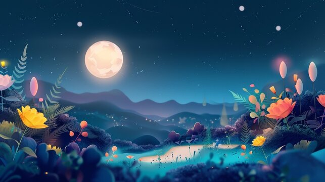 Digital Painting of Colorful Flowers and Moon at Night