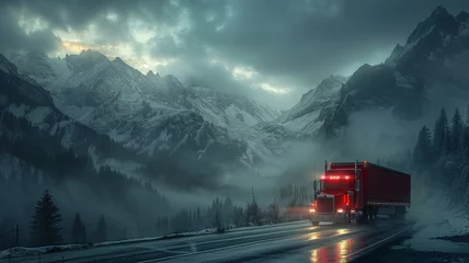 Cercles muraux Vert bleu semi truck navigating a mountain pass during a misty morning.
