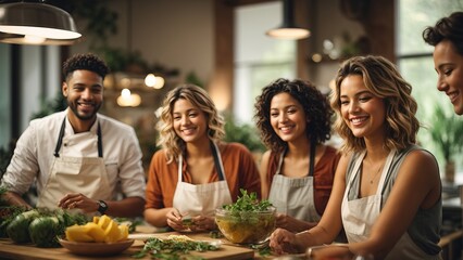 A group of friends enjoying a healthy cooking class